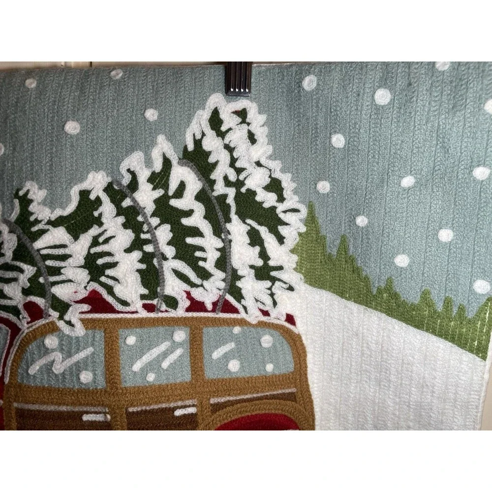 Pottery Barn Christmas Woody Wagon Car Truck Crewel Embroidered Cover 16x26